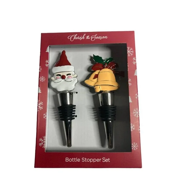 Christmas Bottle Stopper Set.  Santa Claus and Bells.  New Open Box. - Picture 2 of 4